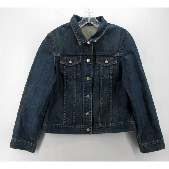 J Crew Jacket Large Trucker Denim Moto Button Up Flap Pockets Biker - Picture 1 of 9